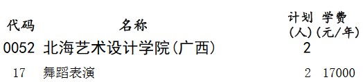 2019年北海艺术设计学院（广西）艺术类本科批次统考阶段C类舞蹈学（非体育舞蹈）类（文史类）在天津招生计划