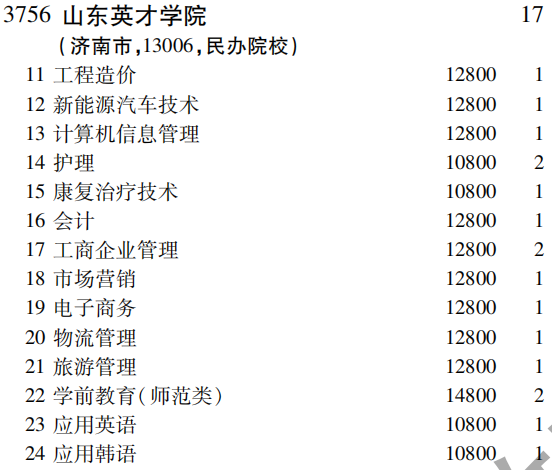 2019年山东英才学院专科（高职）批（文史类）在吉林招生计划