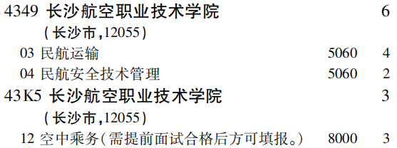 2019年长沙航空职业技术学院专科（高职）批（文史类）在吉林招生计划