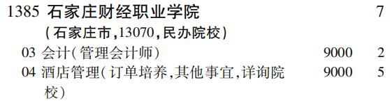 2019年石家庄财经职业学院专科（高职）批（理工农医类）在吉林招生计划