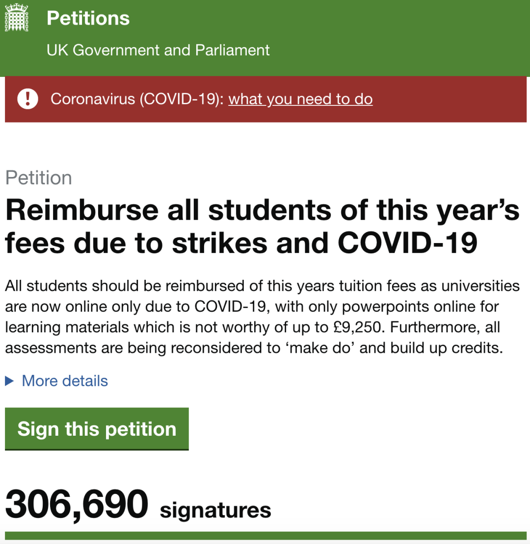 因疫情影响，30多万人在英政府官网发起请愿要求大学退还学费！