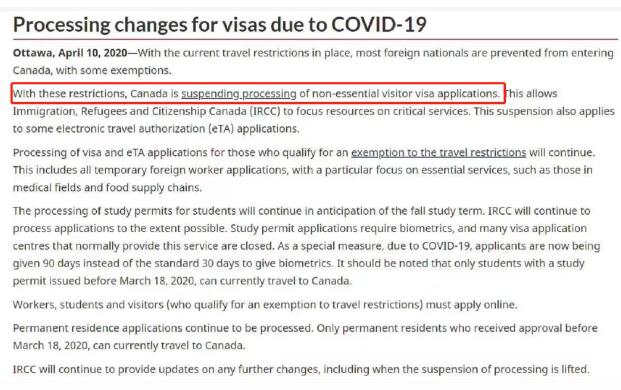 加拿大暂停非必要旅行的签证审理, 学生签证不受影响