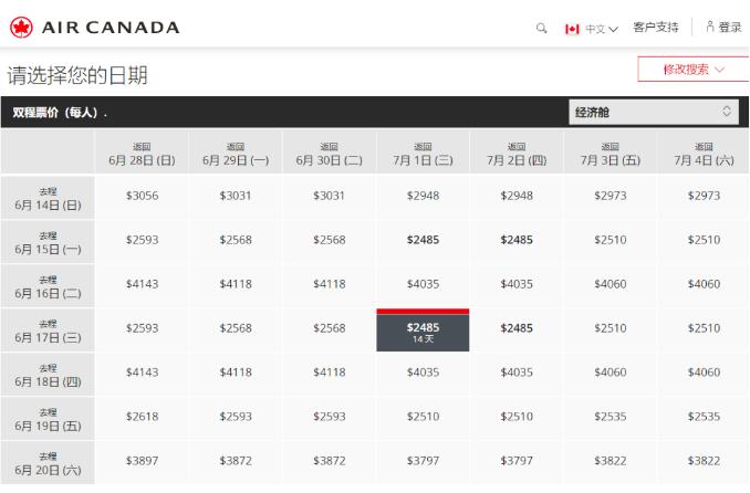 加拿大航空往返中国航线