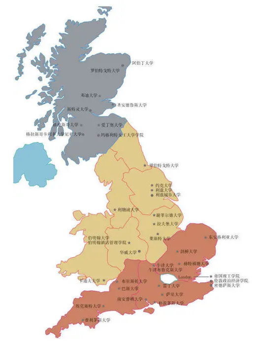 部分英国著名大学的地理位置分布图
