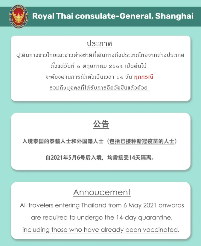 自2021年5月6日后入境泰国，均需隔离14天！