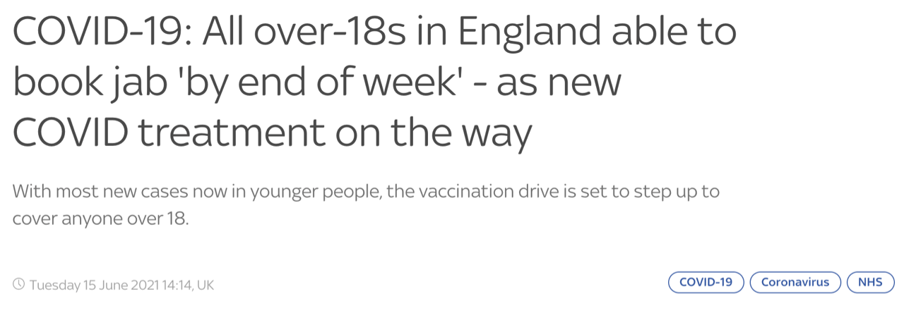 英国政府证实，本周末将邀请所有18岁以上的人接种冠状病毒疫苗