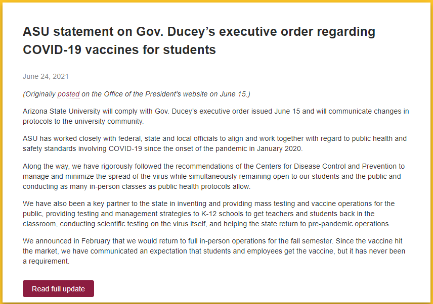 亚利桑那州出台新预案！州内公立大学不得强制学生接种疫苗……