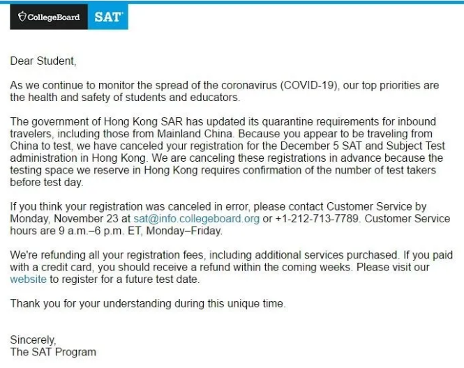 接连被鸽…12月SAT大陆考生的中国香港考试再被取消！