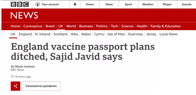 英国政府180度反转，放弃实行疫苗护照计划！