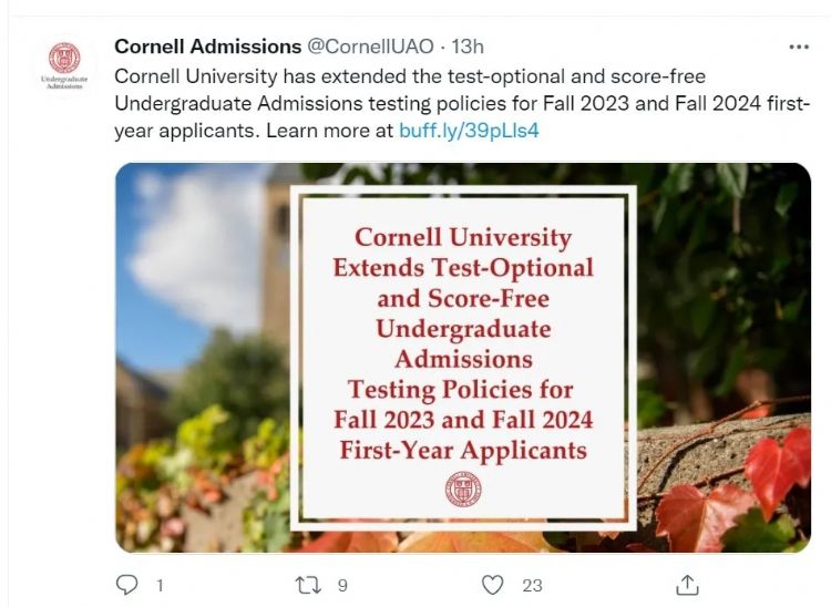 康奈尔大学官宣：2023、2024年秋季申请，SAT/ACT成绩依然可选！