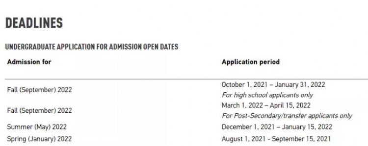 加拿大大学本科申请季截止日期