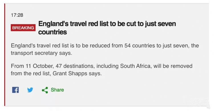 喜讯！英国放宽32地旅行建议！红色名单缩减仅剩7个国家！