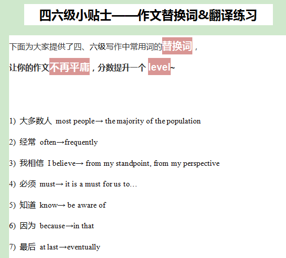 四级小贴士：作文替换词及翻译练习 word下载