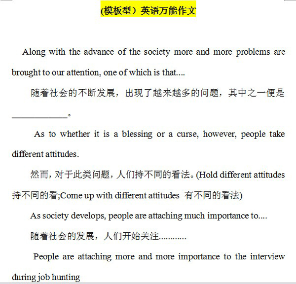 2016年6月英语四级万能作文模板下载