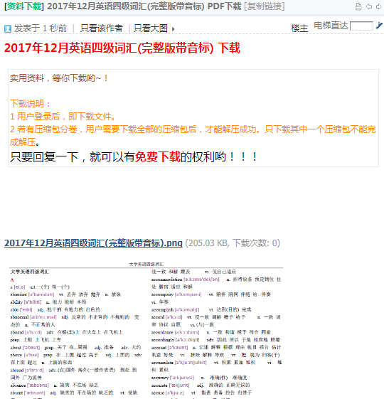 2017年12月英语四级完整版词汇下载（带音标）