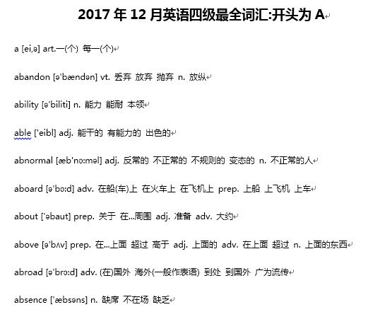 2017年12月英语四级大纲词汇 Word下载