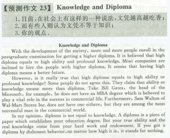 新东方2012年12月英语四级作文万能模板：文凭等于知识？