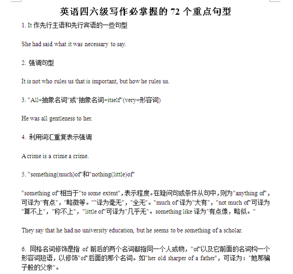 2017年12月六级作文必掌握的72个重点句型下载