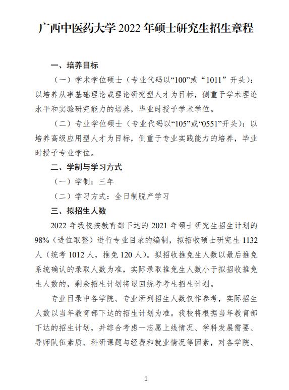 2022年广西中医药大学硕士研究生招生章程及专业目录