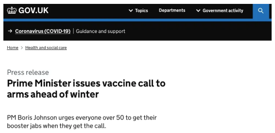 英国政府大力宣传加强针计划，卫生大臣带头呼吁再次注射疫苗！
