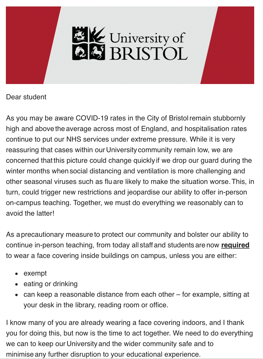布里斯托大学宣布：所有教职工和学生校内需带口罩！