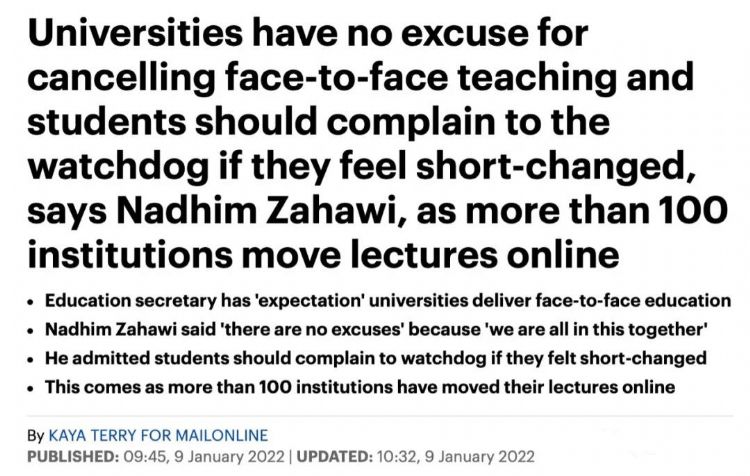 英国教育大臣：大学没有理由取消线下课程，学生对此不满应该去投诉