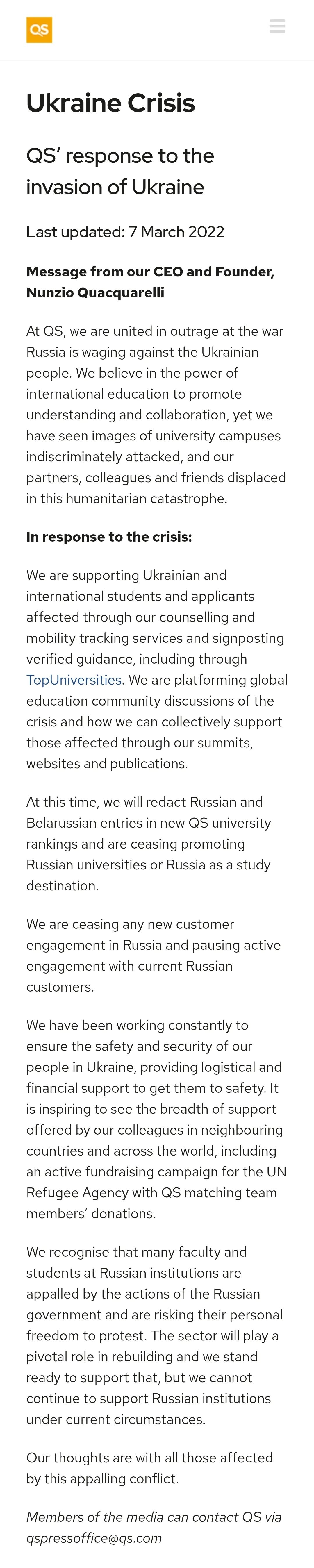 QS停止与俄罗斯及白俄罗斯大学的合作