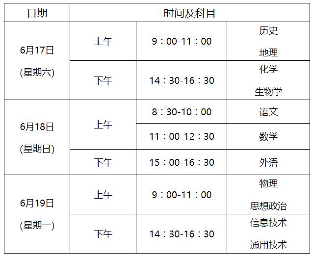 重庆2022—2023学年度第二学期学考合格考考试时间及科目安排