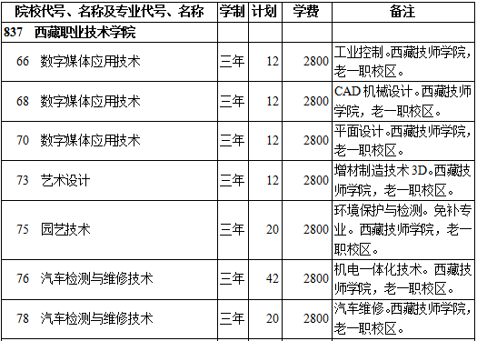 2019年西藏职业技术学院第三批专科录取（文史类）在西藏招生计划