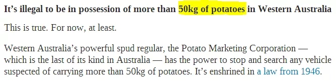 在西澳不能拥有50kg土豆！盘点澳洲那些奇葩法律！