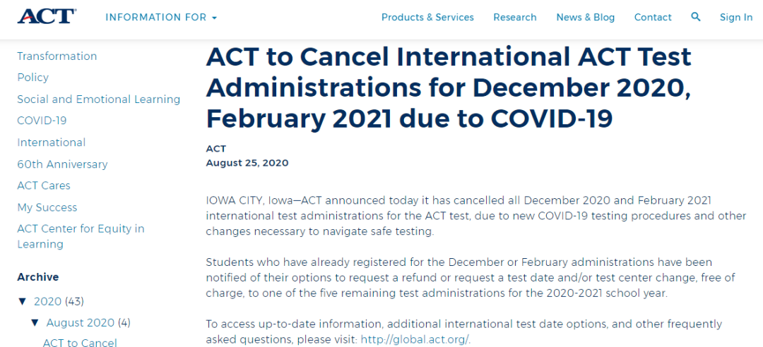 ACT突然宣布取消两场国际考试！