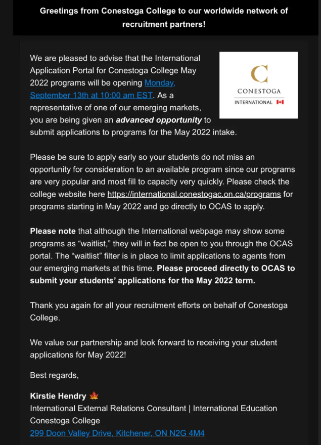 Conestoga College好消息！开放2022年5月专业申请！