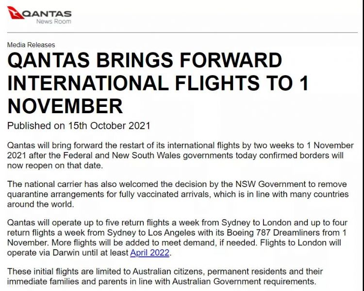 澳航恢复国际航班时间提前！新加坡、斐济将于下个月对澳洲开放！